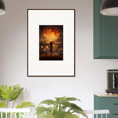 Ethereal Dreams: Framed artwork of a silhouetted figure against a glowing orange sky