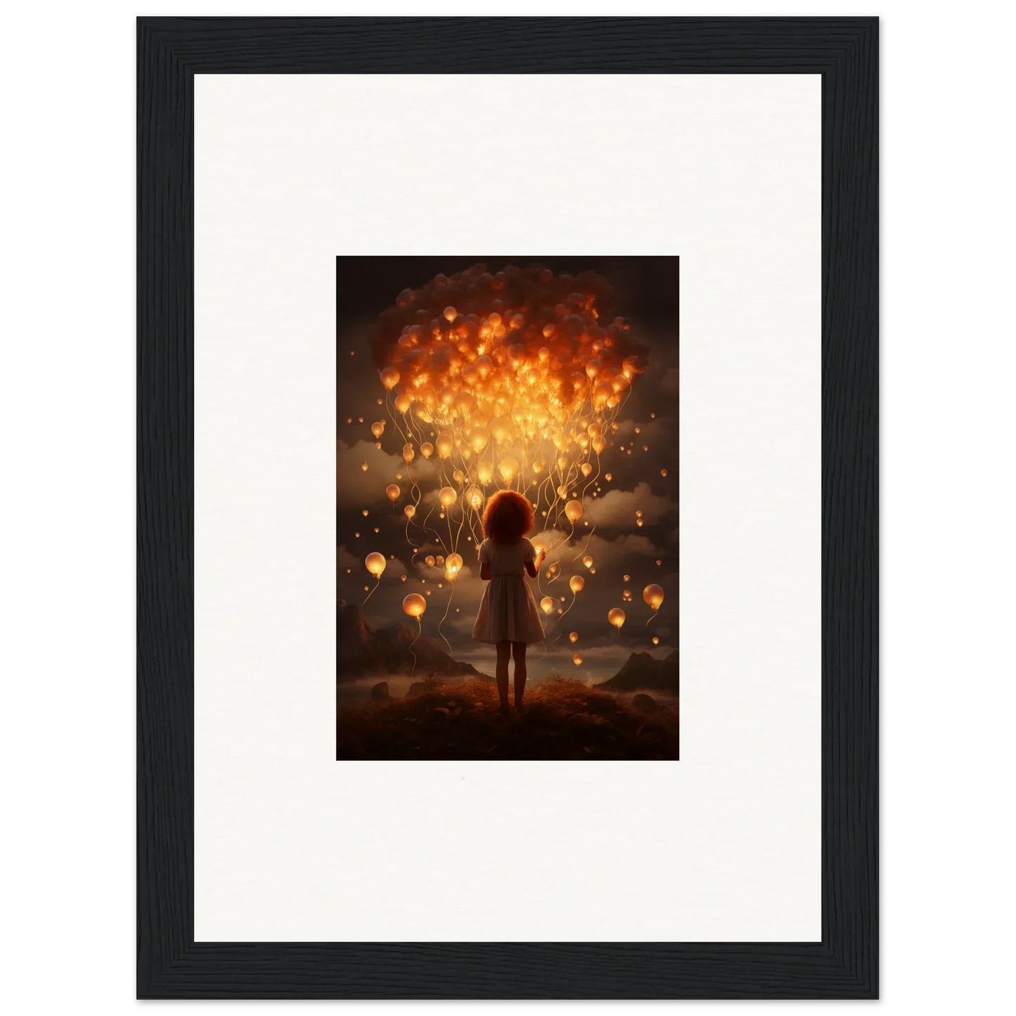 Silhouetted figure surrounded by glowing lanterns in Ethereal Dreams Premium Framed Wall Art