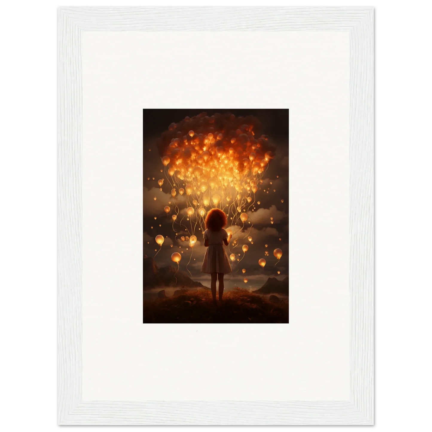 Silhouetted figure with glowing lanterns in Ethereal Dreams premium framed wall art