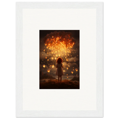 Silhouetted figure with glowing lanterns in Ethereal Dreams premium framed wall art