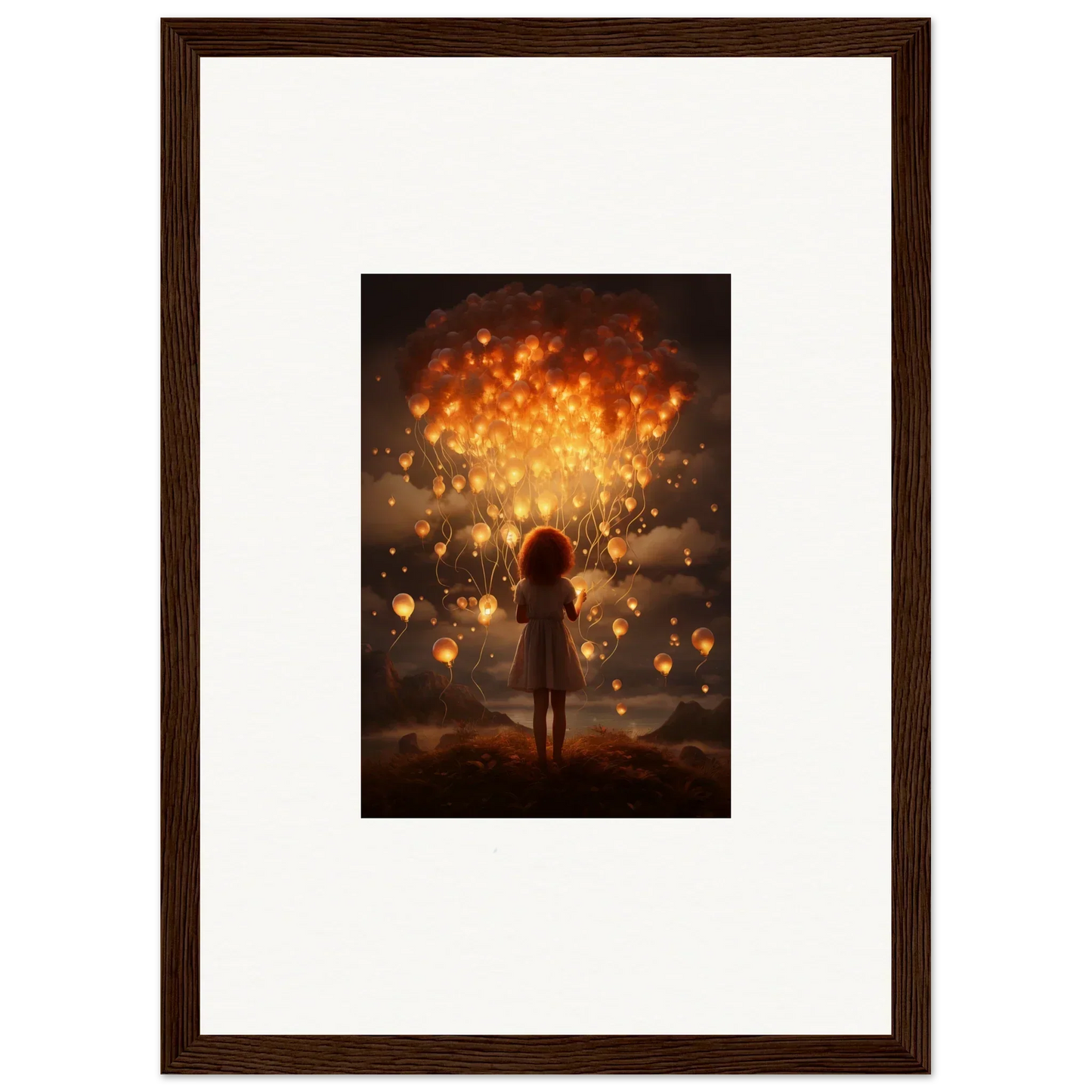 Silhouetted figure with glowing lanterns in Ethereal Dreams premium framed wall art