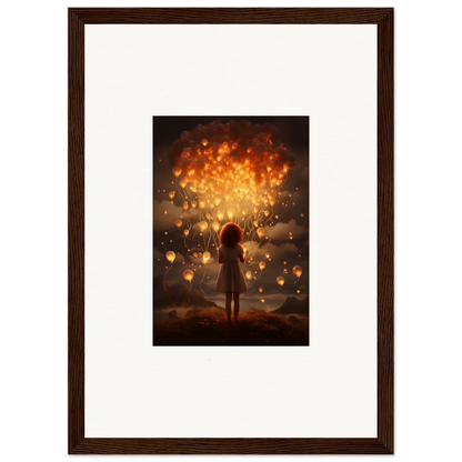 Silhouetted figure with glowing lanterns in Ethereal Dreams premium framed wall art