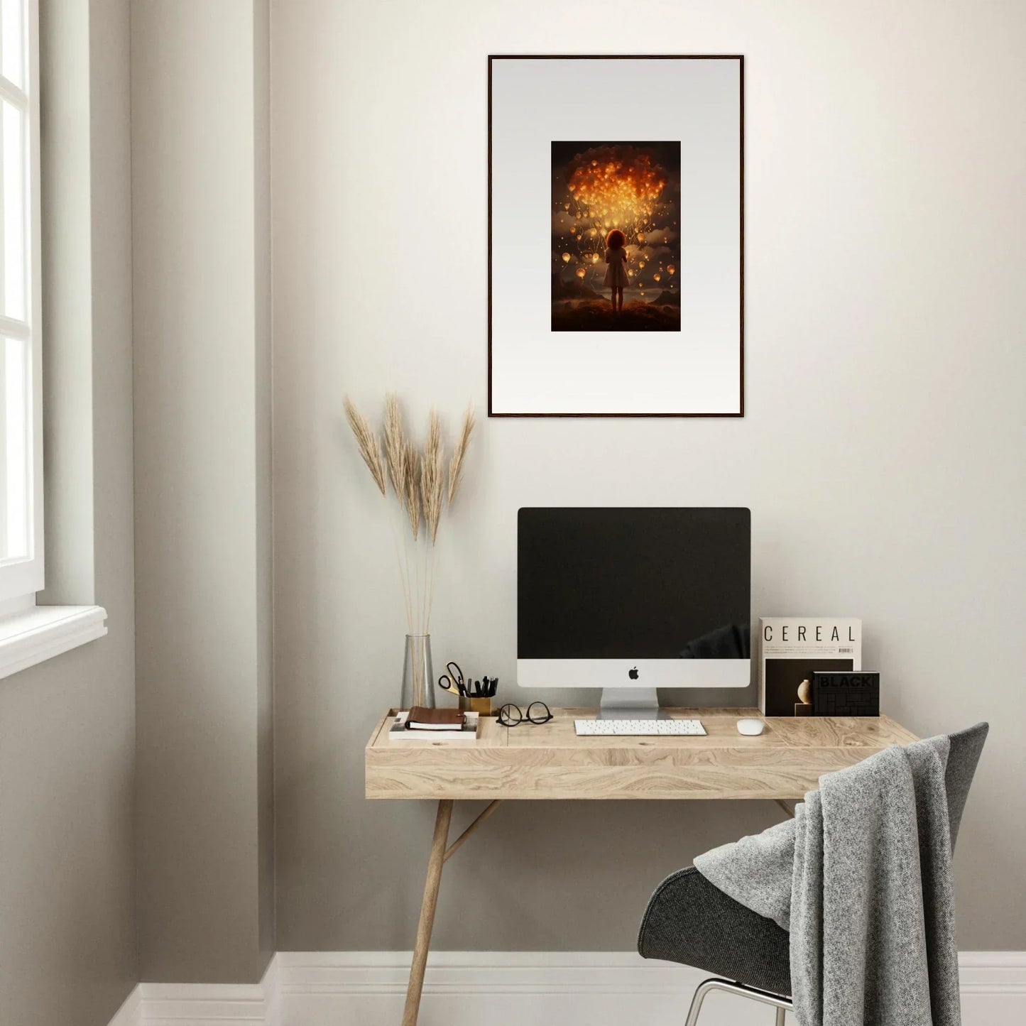 Minimalist wooden desk with iMac and Ethereal Dreams premium framed wall art above