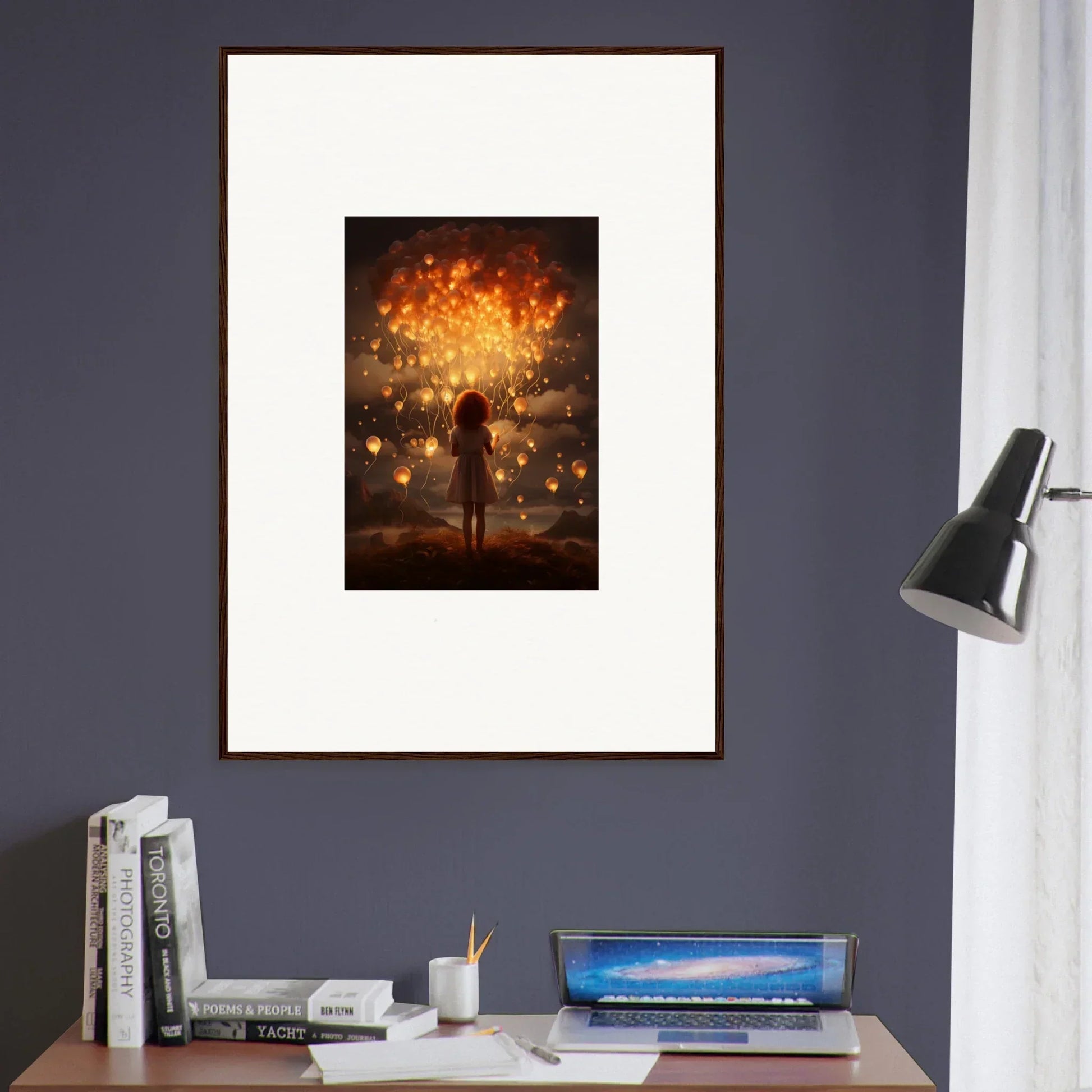 Ethereal Dreams special edition art™ of a silhouetted figure with glowing lanterns