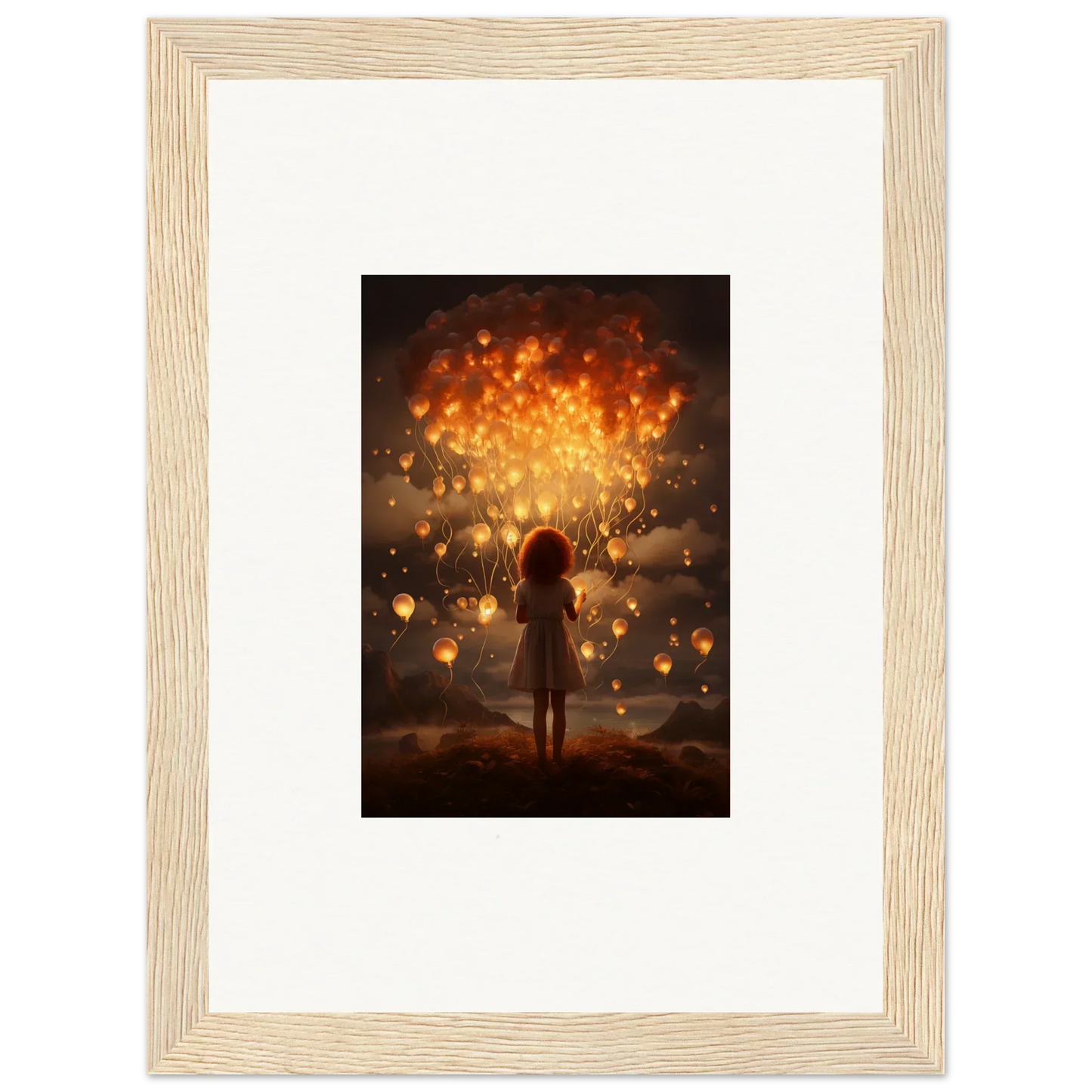 Framed Ethereal Dreams art featuring a silhouette and glowing lanterns in the night sky