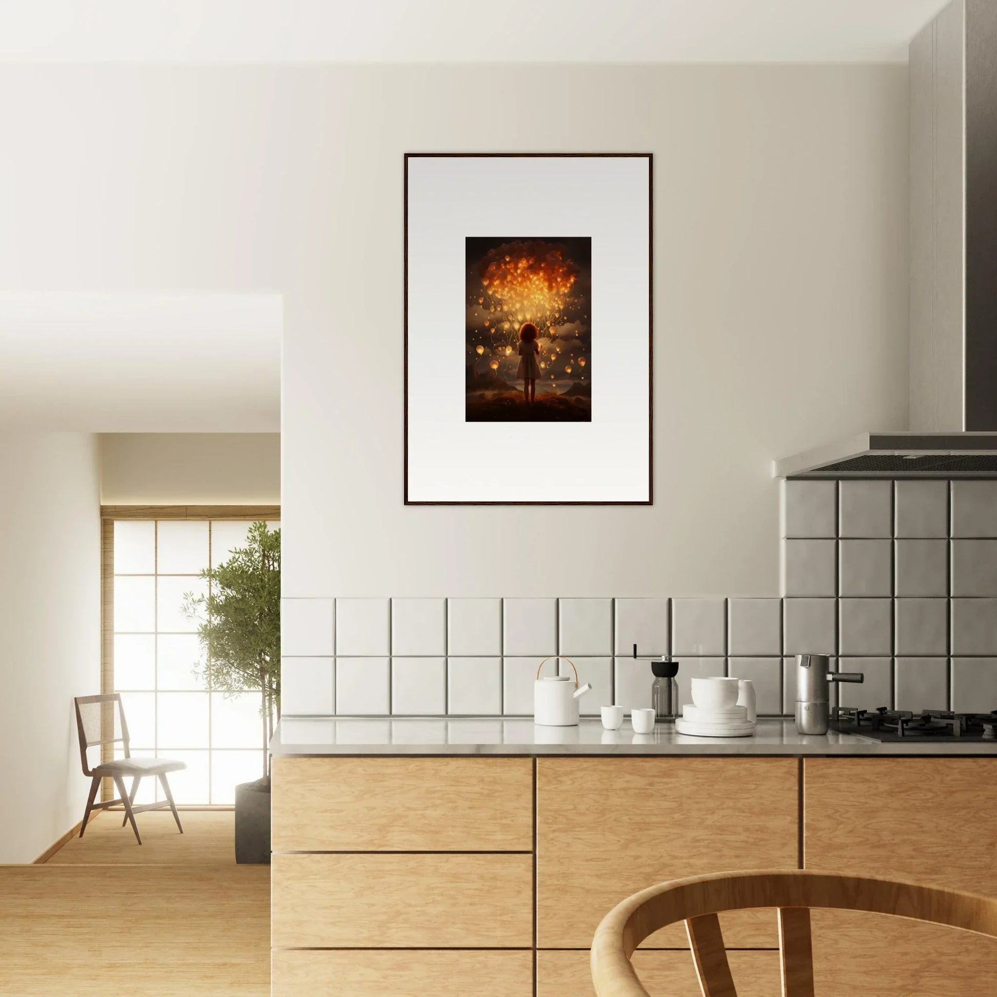 Framed Ethereal Dreams artwork of golden trees on a dark background for premium wall decor