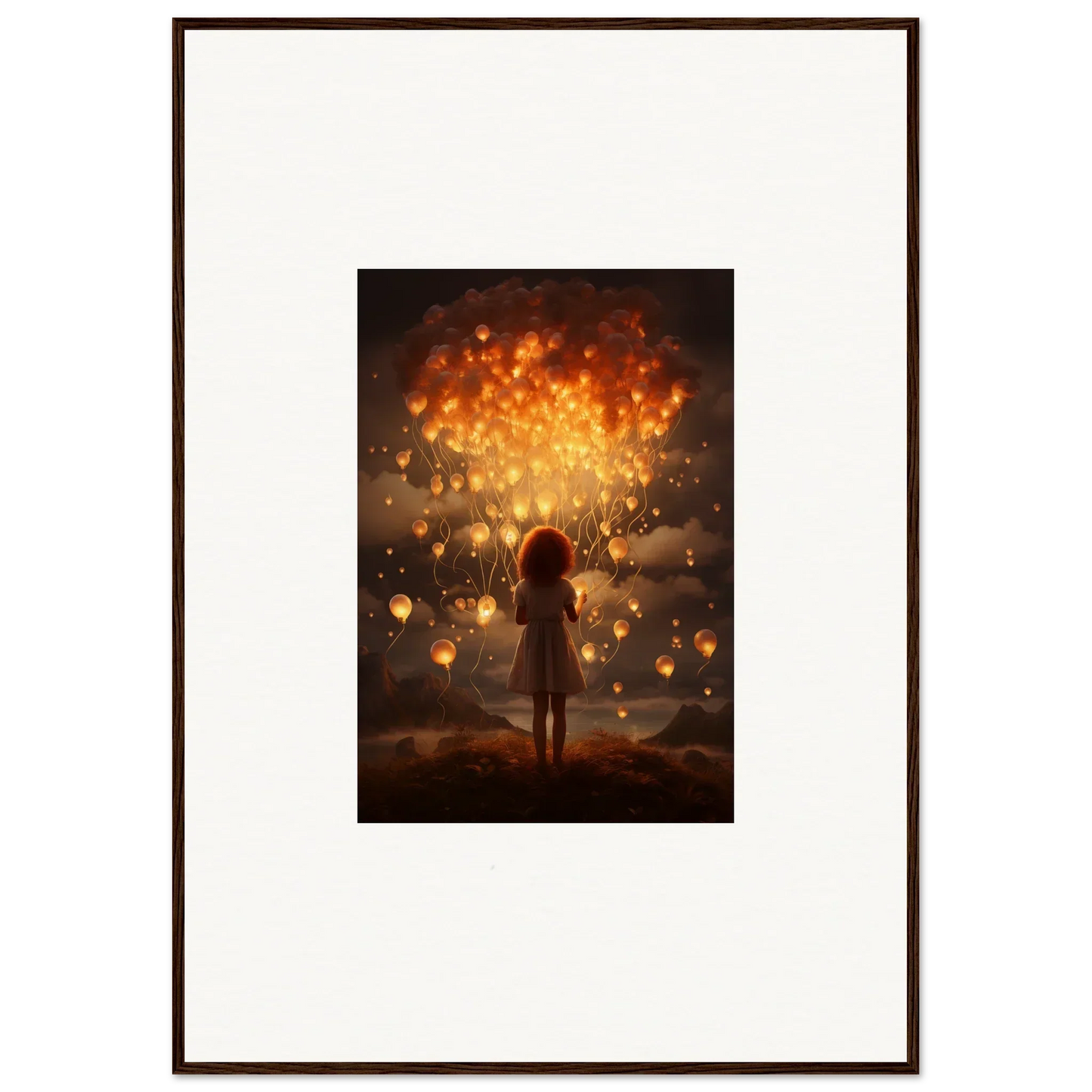 Silhouetted figure under glowing lanterns in Ethereal Dreams premium framed wall art