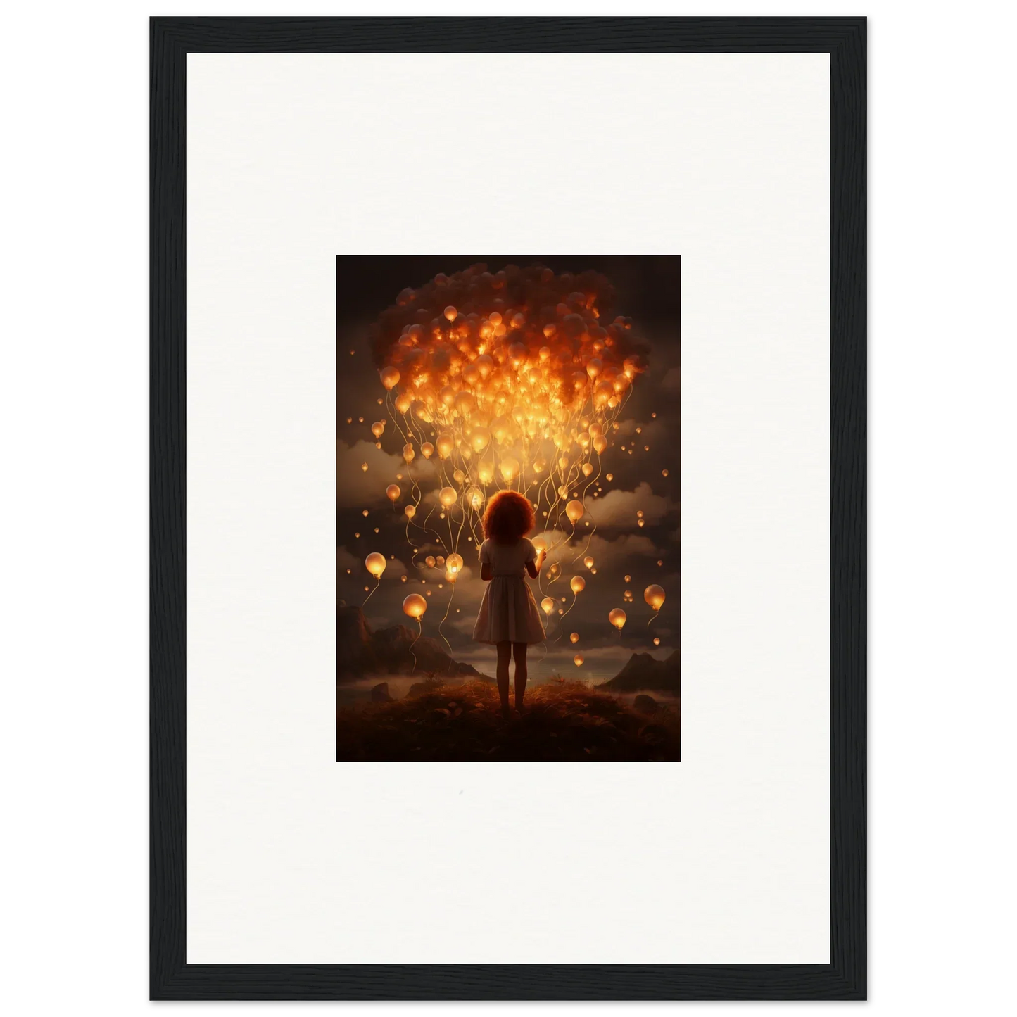 Silhouetted figure under glowing lanterns in Ethereal Dreams premium framed art