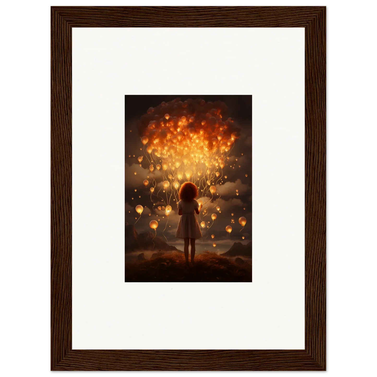 A silhouette surrounded by glowing lanterns in Ethereal Dreams premium framed wall art