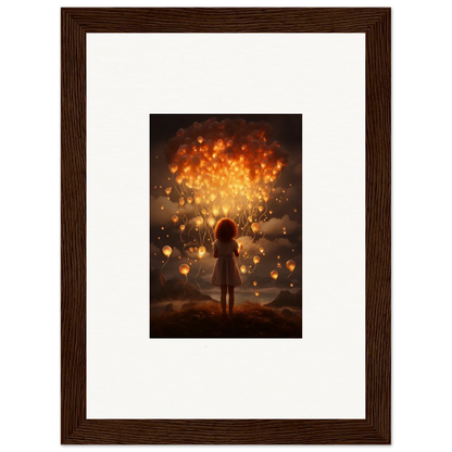 A silhouette surrounded by glowing lanterns in Ethereal Dreams premium framed wall art