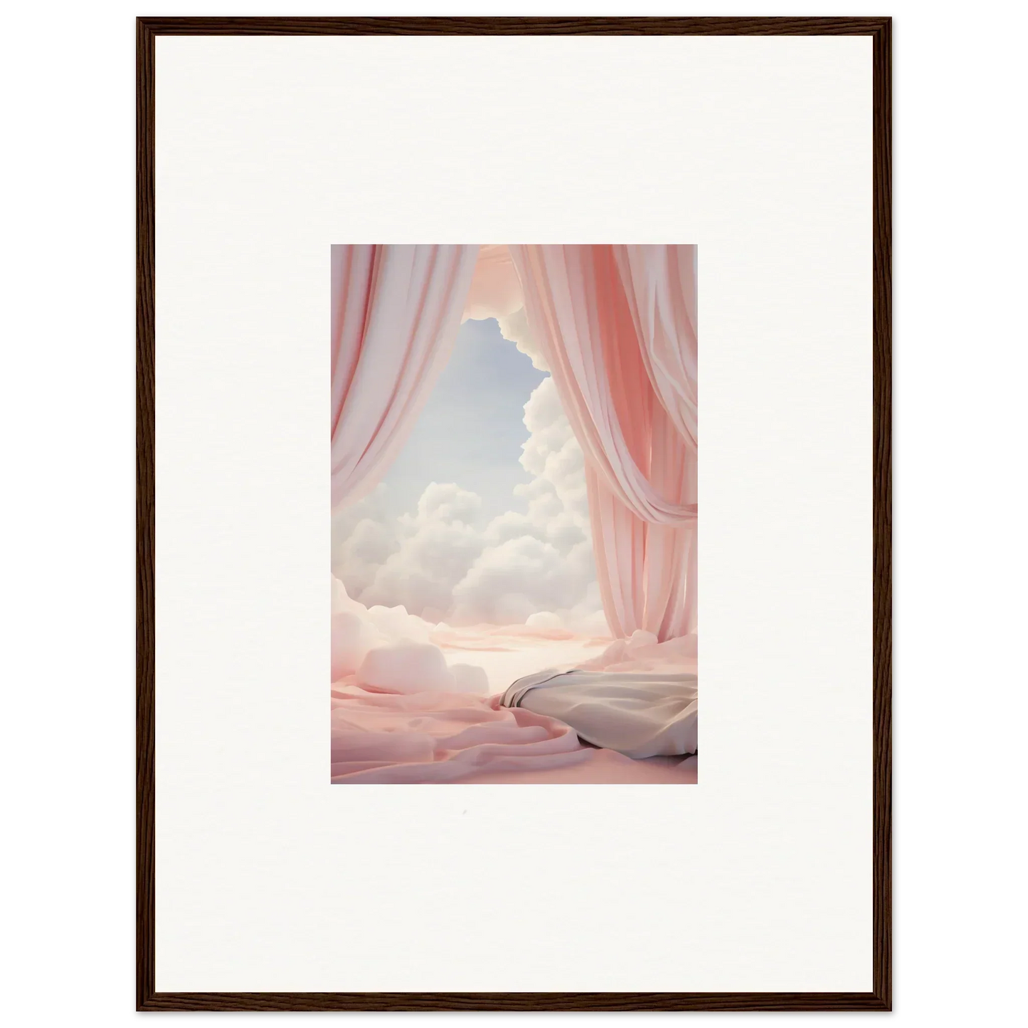 Framed canvas print of a dreamscape portal with pink curtains and a winding path