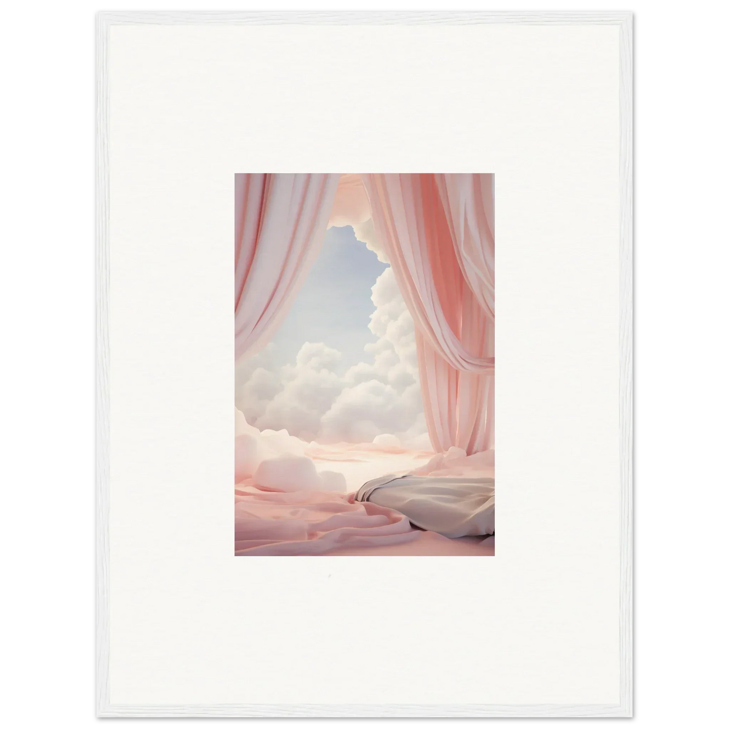 Surreal landscape with pink curtains revealing clouds, perfect for your dreamscape portal canvas print