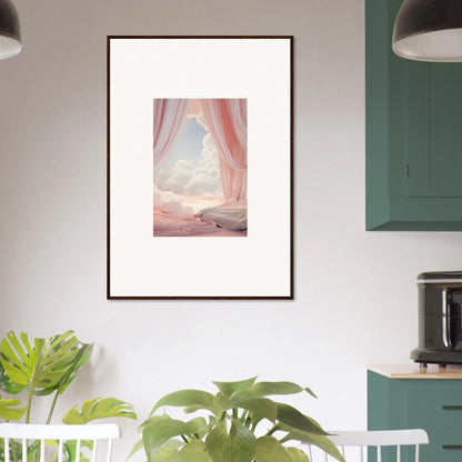 Framed canvas print of pink curtains revealing a dreamy sky in a dreamscape portal