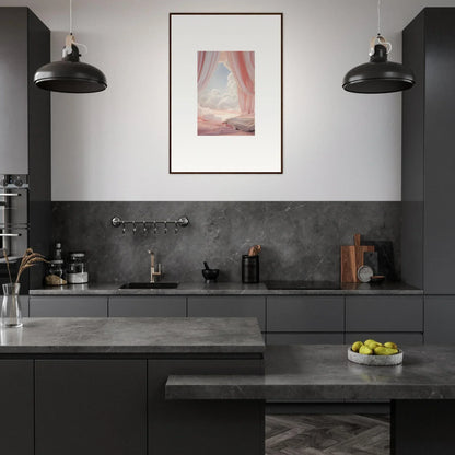 Modern gray kitchen featuring black pendant lights and a dreamy canvas print decor