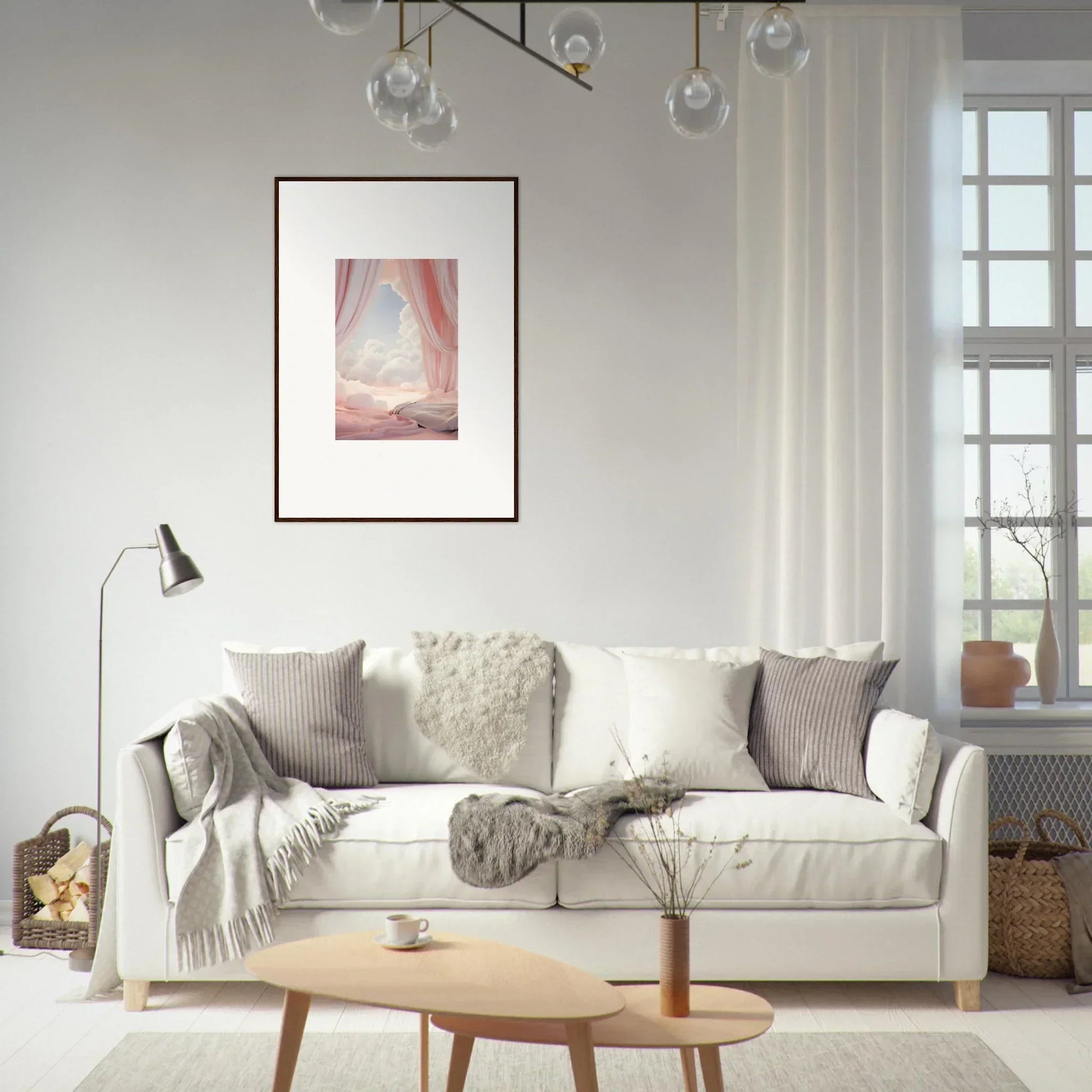 Cozy white sofa with throw pillows and blankets for a dreamy room decoration vibe