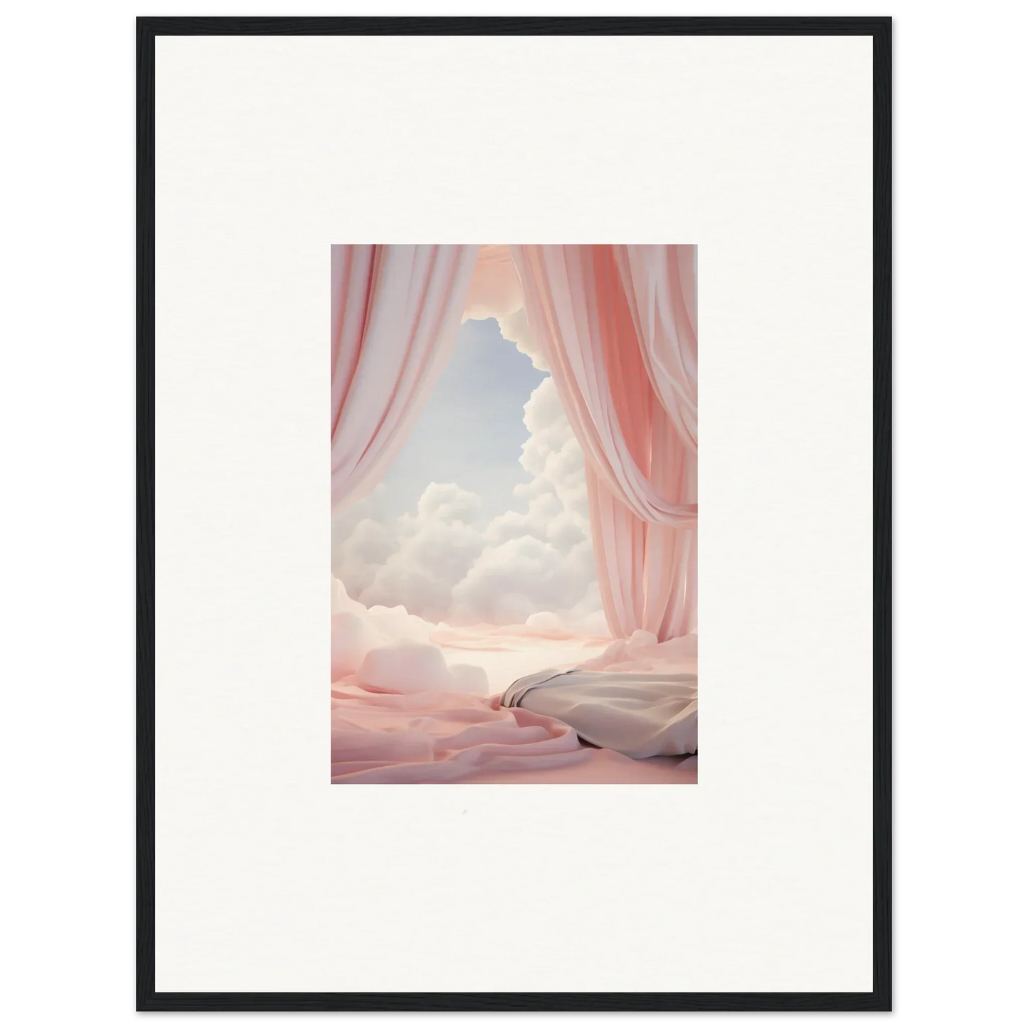 Framed canvas print of pink curtains revealing a dreamscape portal and winding path