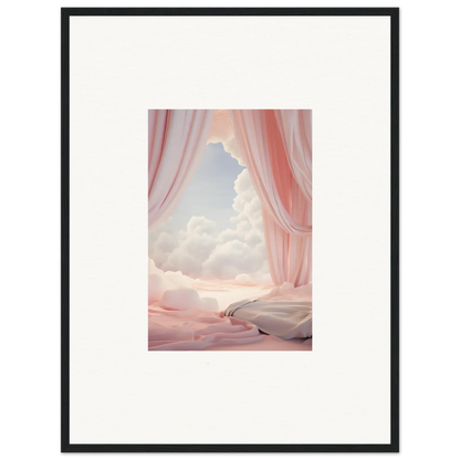 Framed canvas print of pink curtains revealing a dreamscape portal and winding path