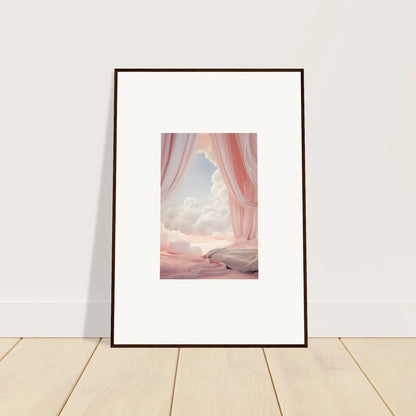 Framed canvas print featuring a dreamy landscape and pink curtains for room decoration