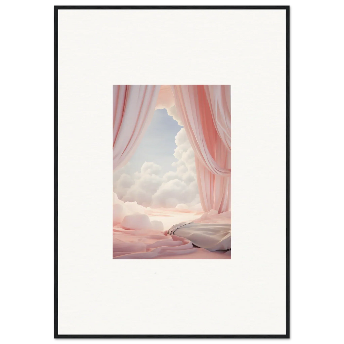 Framed canvas print of pink curtains revealing a dreamy sky, perfect for room decoration