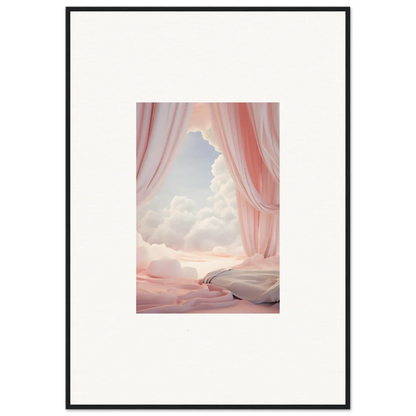 Framed canvas print of pink curtains revealing a dreamy sky, perfect for room decoration