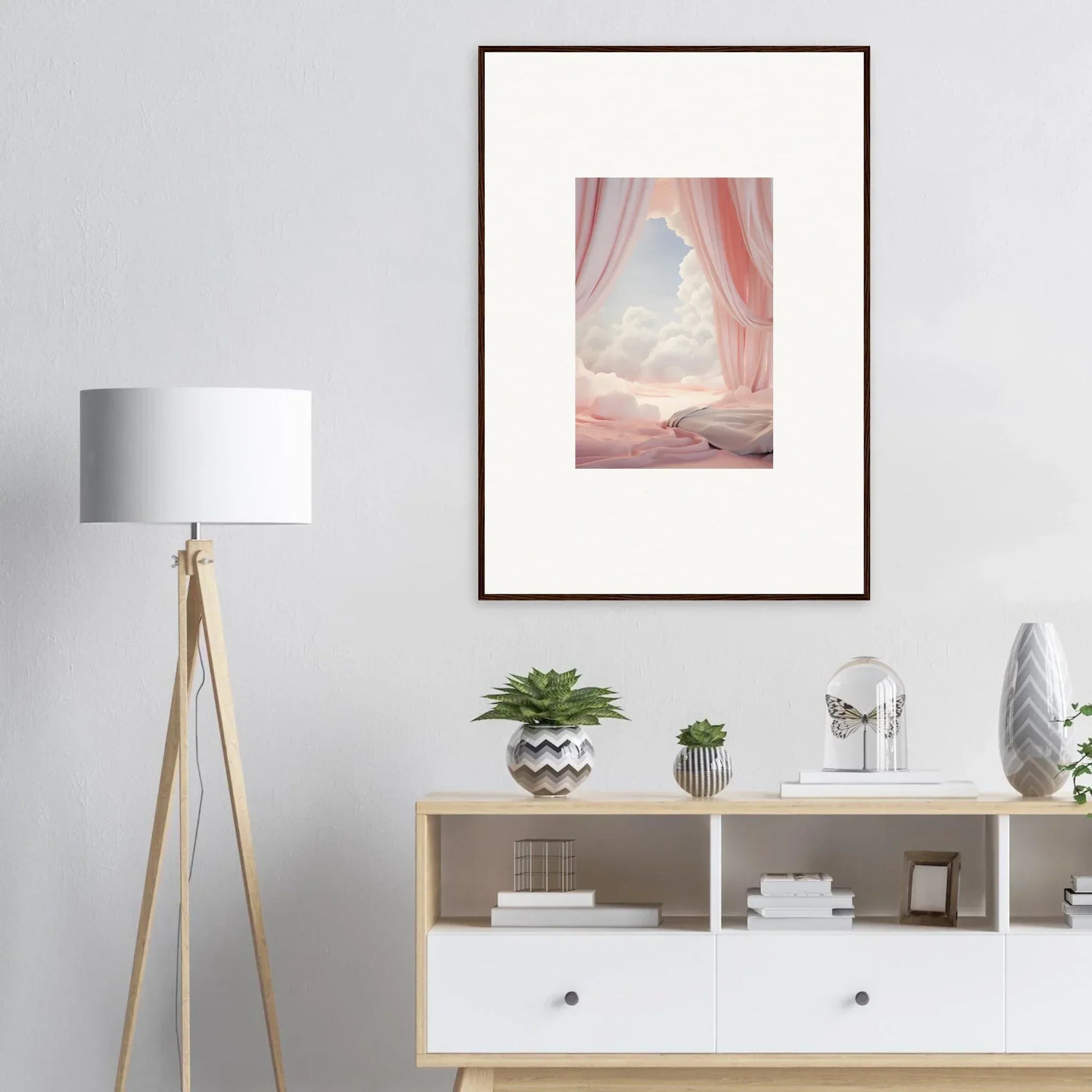 Framed canvas print of a dreamscape portal with a surreal desert and pink curtains