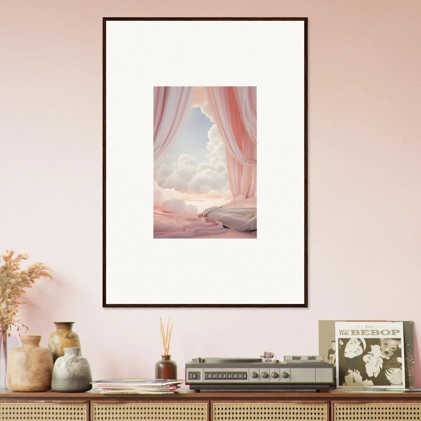 Framed canvas print of a dreamy pink-curtained window view in a dreamscape portal