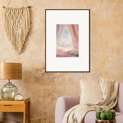 Framed canvas print of pink curtains and a window view for dreamy room decoration