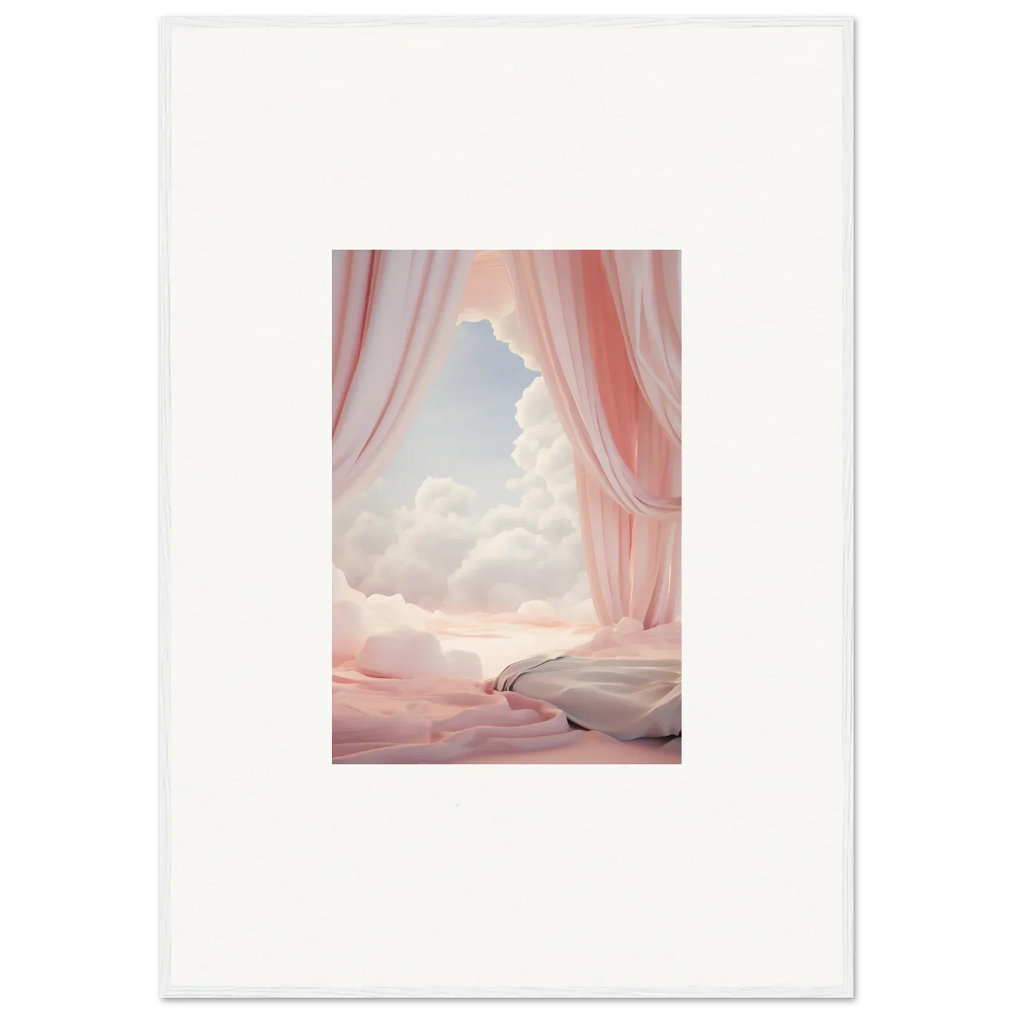 Surreal painting of pink curtains revealing a dreamy sky for a unique canvas print