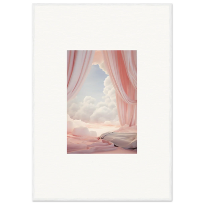 Surreal painting of pink curtains revealing a dreamy sky for a unique canvas print