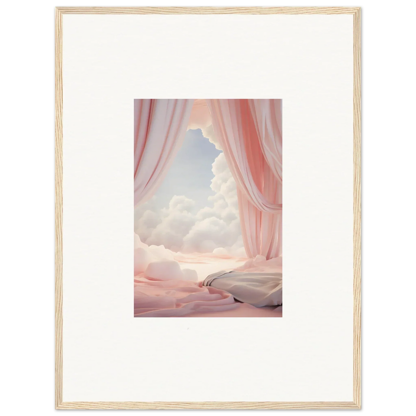 Framed canvas print of pink curtains revealing a dreamy sky, perfect for room decoration