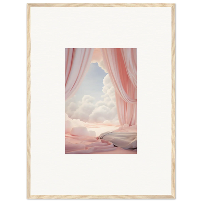 Framed canvas print of pink curtains revealing a dreamy sky, perfect for room decoration