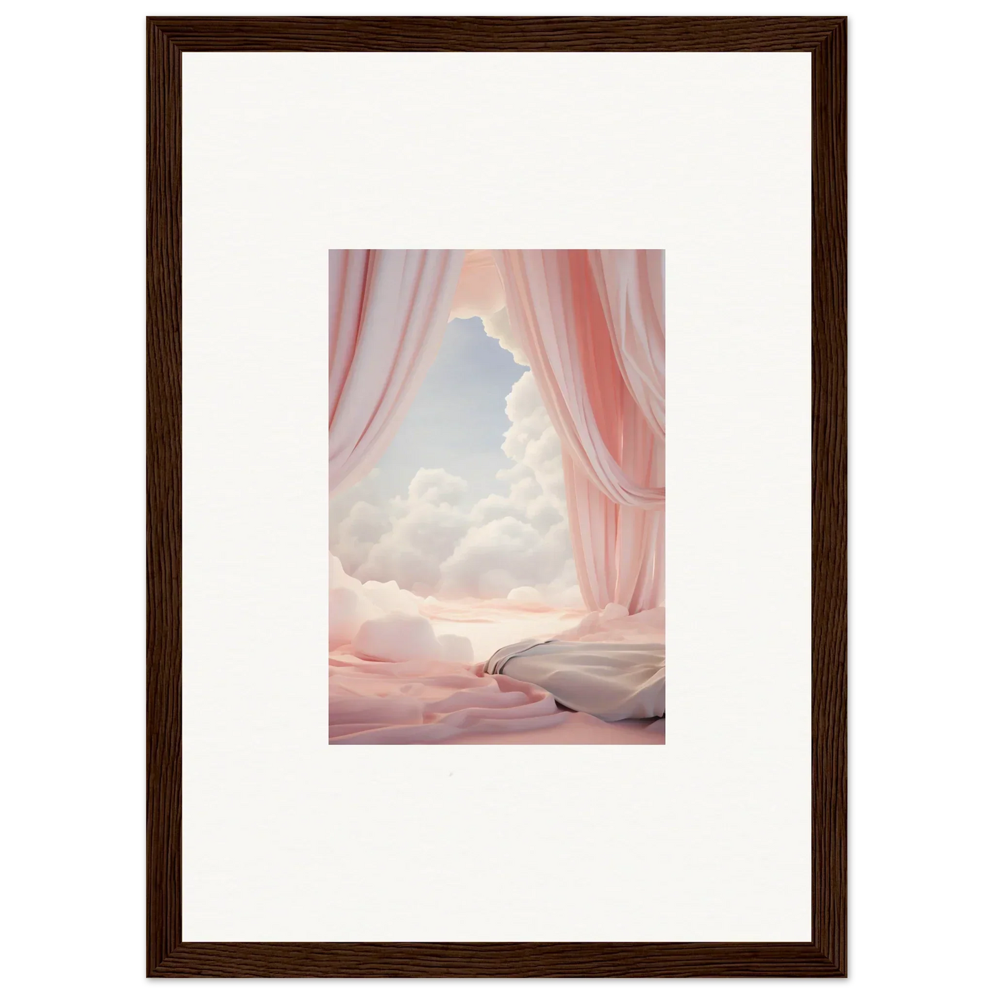 Framed canvas print of pink curtains parting for a dreamy sky, perfect room decoration