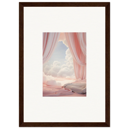 Framed canvas print of pink curtains parting for a dreamy sky, perfect room decoration