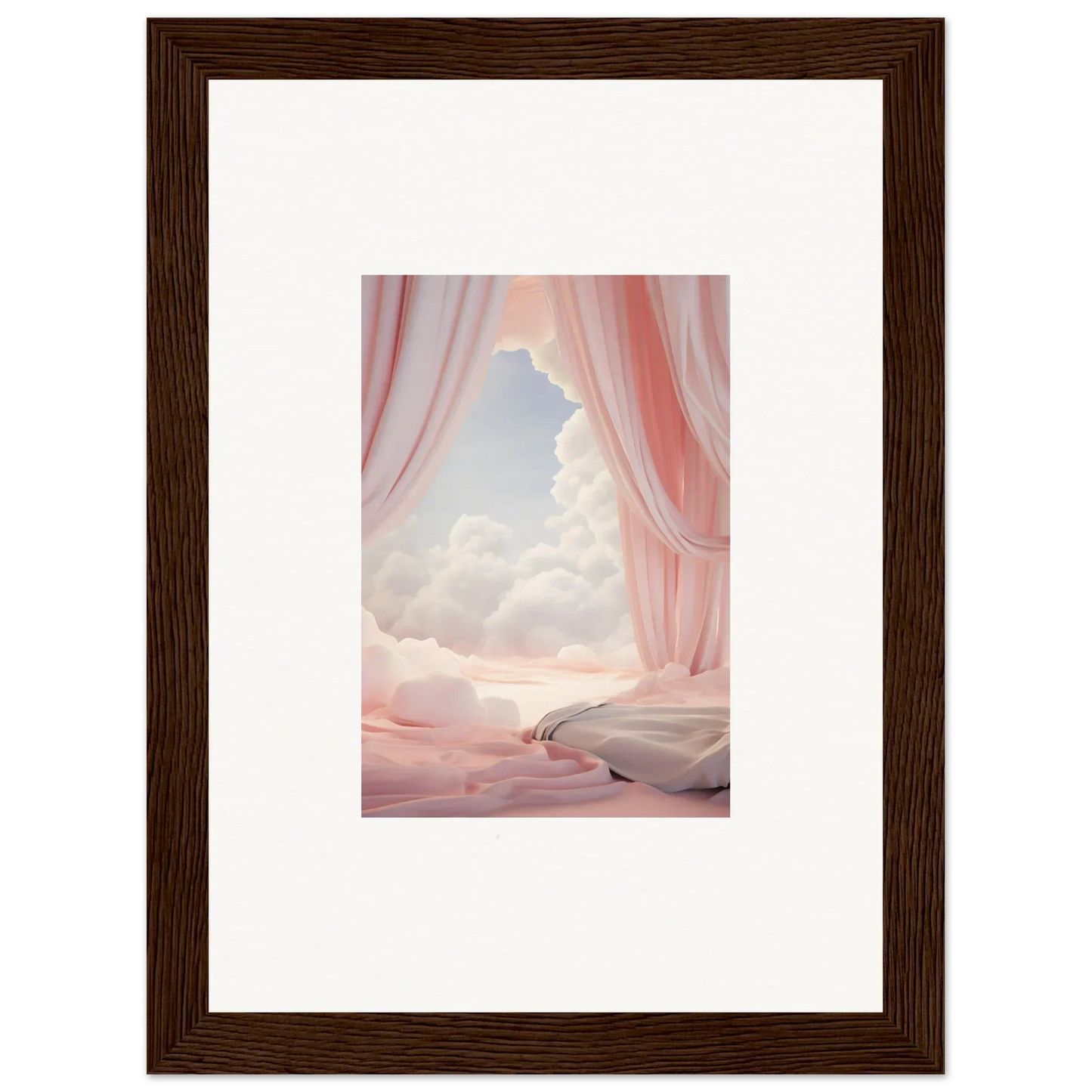 Framed canvas print of a dreamscape portal with pink curtains and a cloudy sky