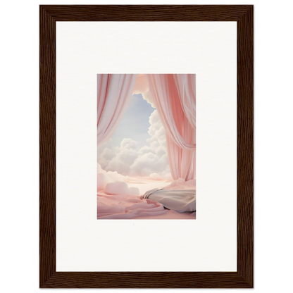 Framed canvas print of a dreamscape portal with pink curtains and a cloudy sky