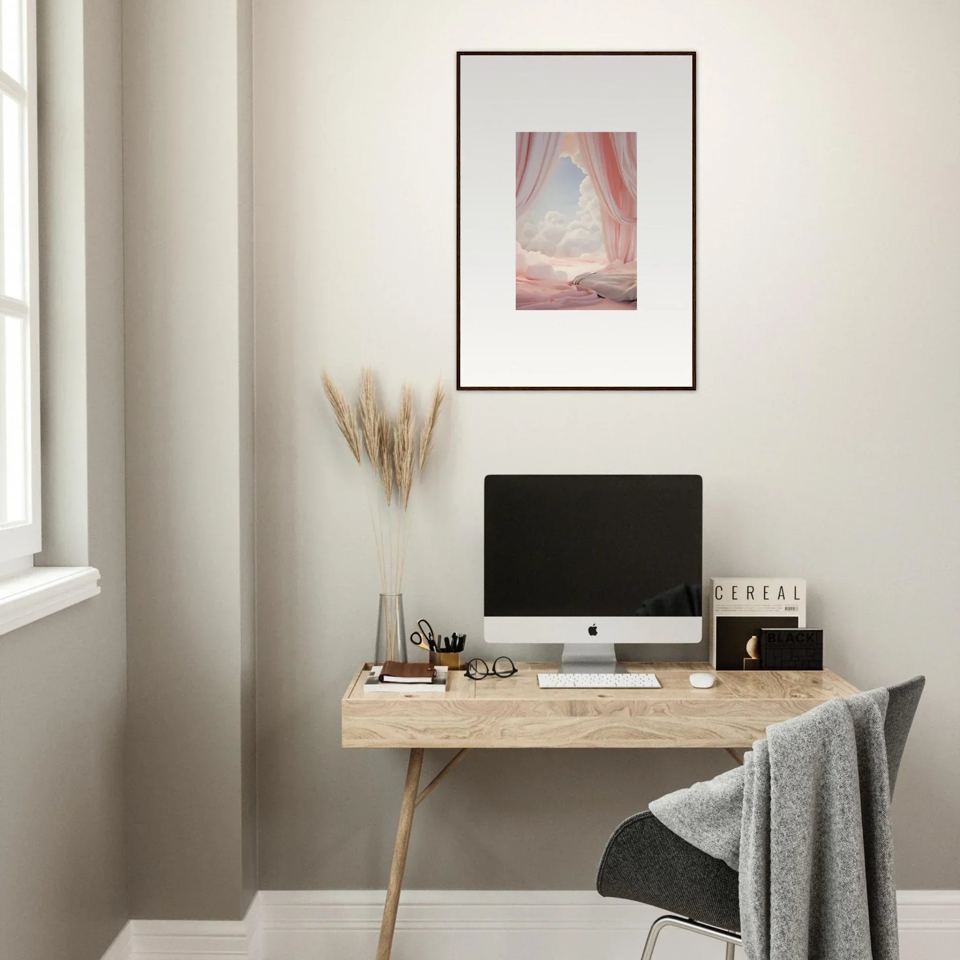 Minimalist wooden desk setup with a monitor, perfect for your Ethereal Dreamscape Portal decor