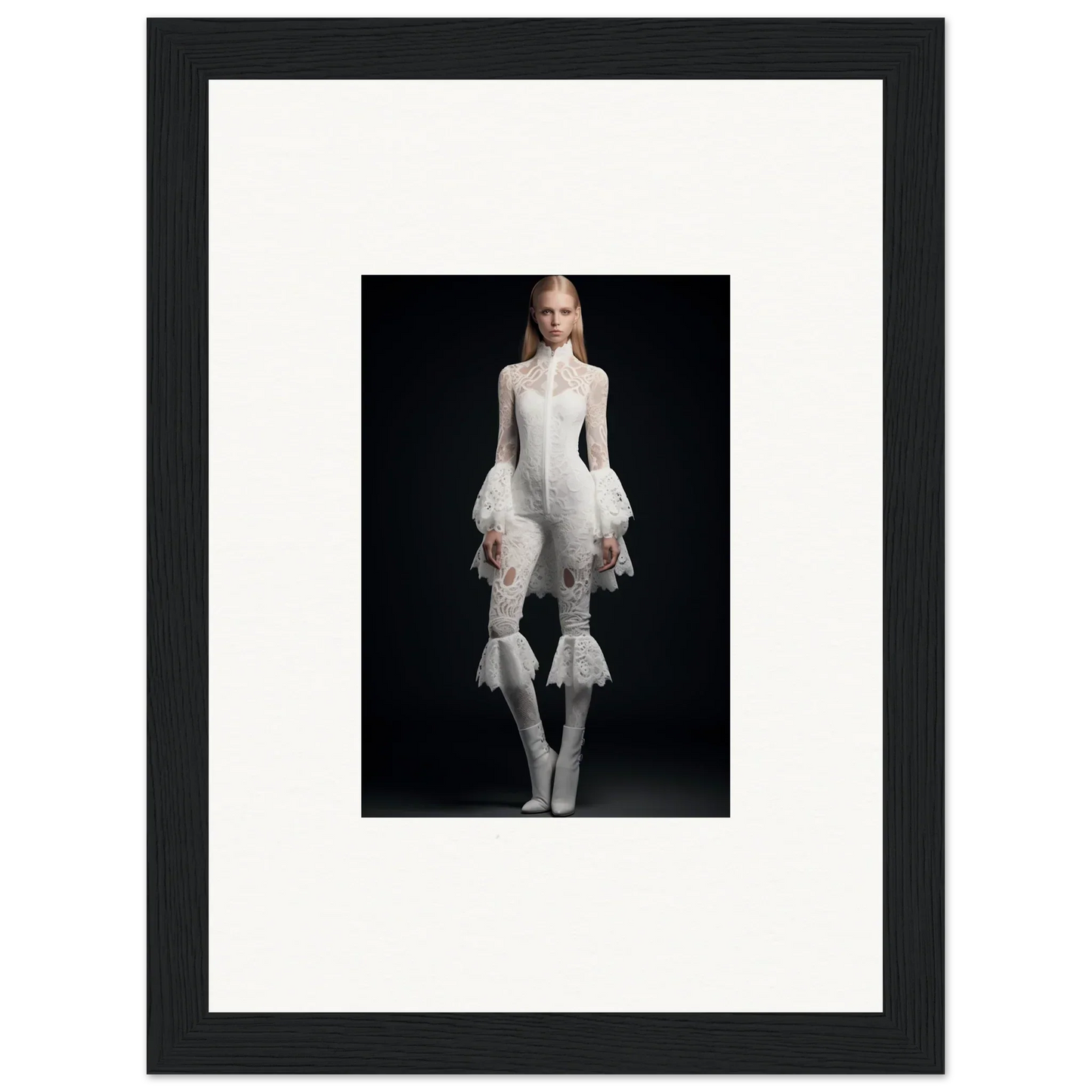 Framed wall art of a woman in an avant-garde white outfit for stylish room decor