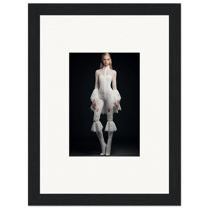 Framed wall art of a woman in an avant-garde white outfit for stylish room decor