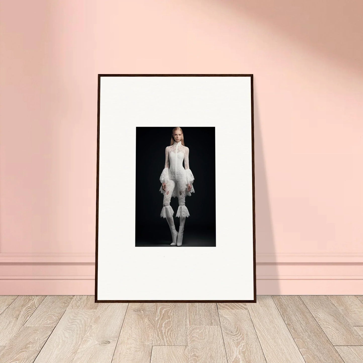 Framed wall art of avant-garde person in ruffled white outfit for room decor