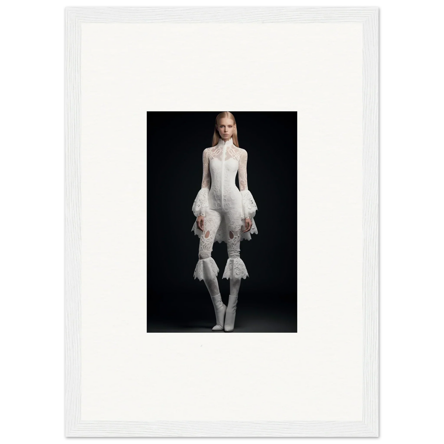 Avant-garde woman in white outfit with furry sleeves, perfect for Ethereal Elegance decor