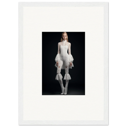 Avant-garde woman in white outfit with furry sleeves, perfect for Ethereal Elegance decor