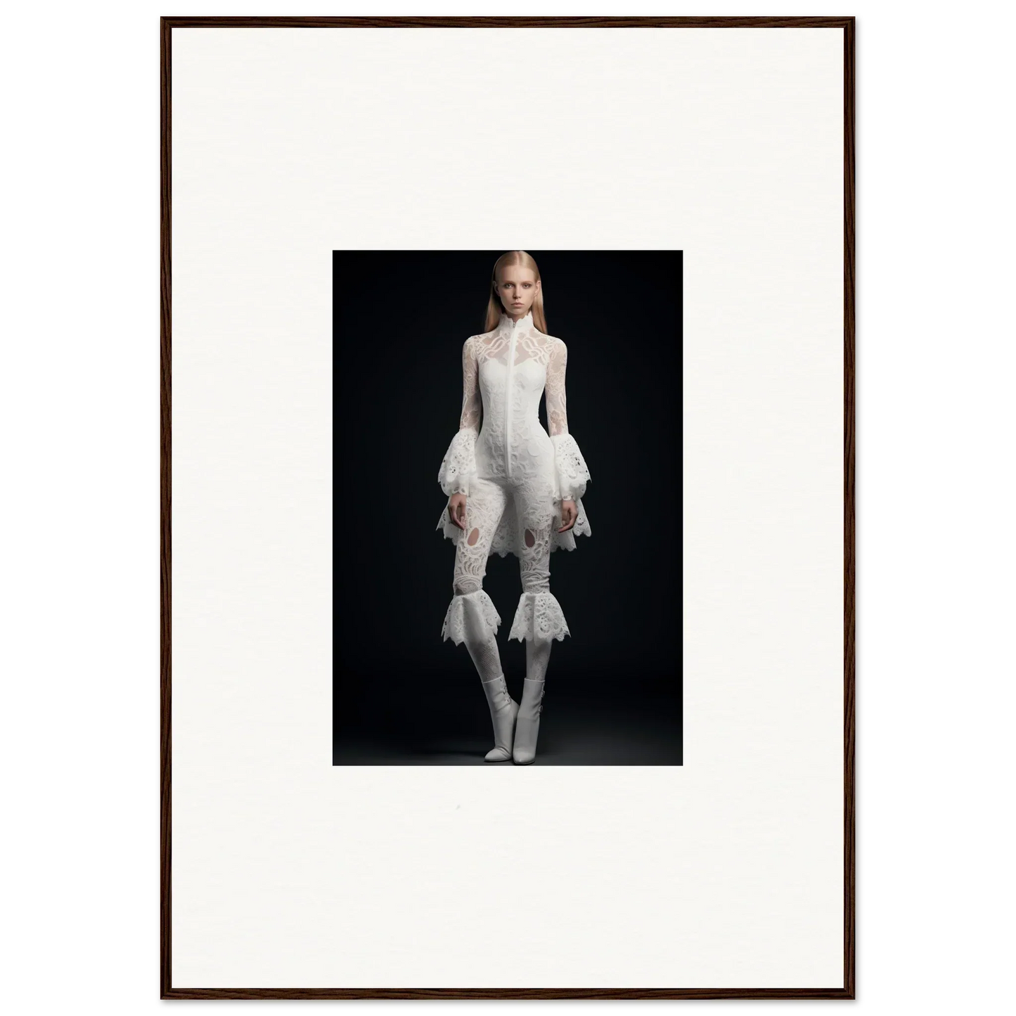 Framed wall art featuring a person in a ruffled white avant-garde outfit for room decor