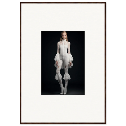 Framed wall art featuring a person in a ruffled white avant-garde outfit for room decor