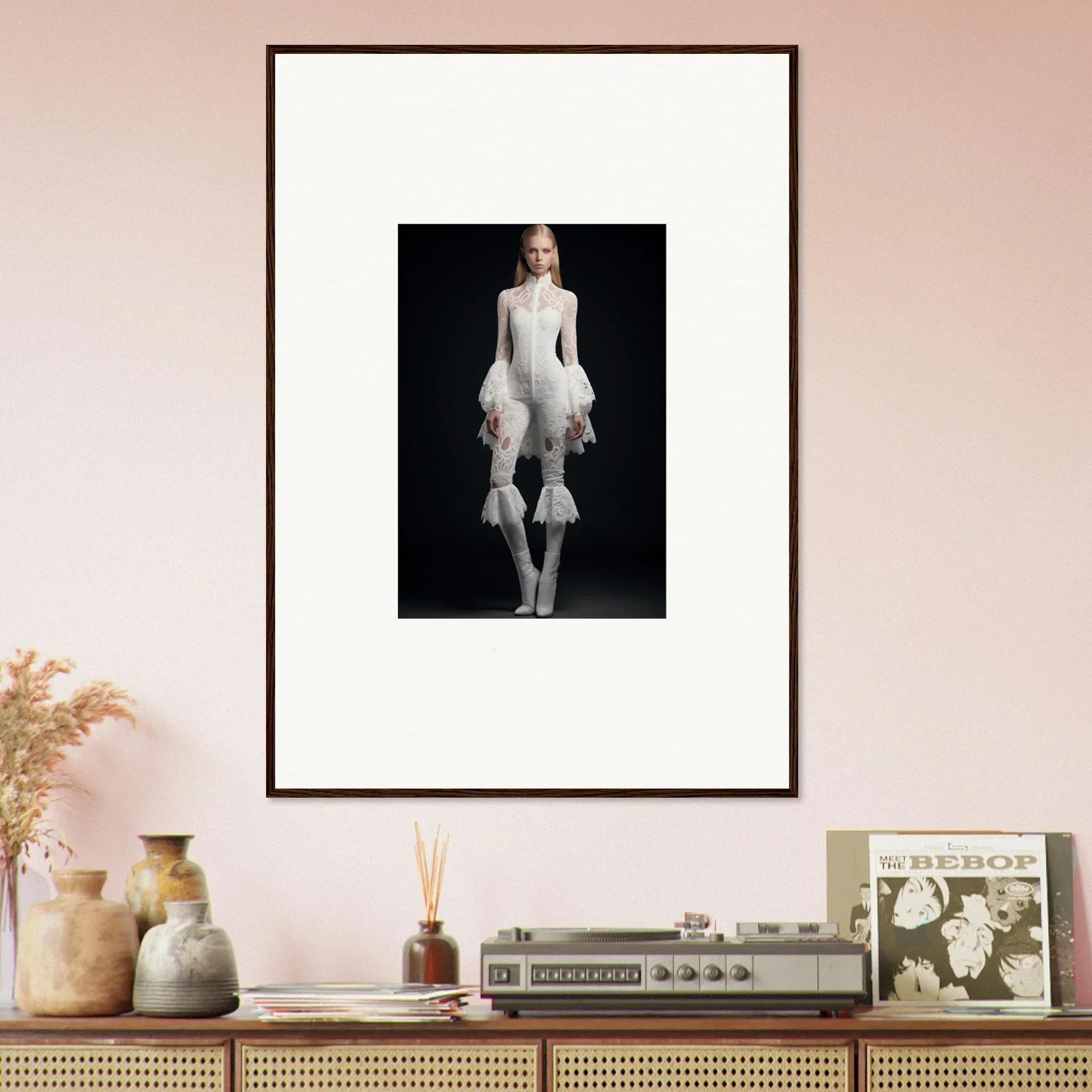 Framed black and white photograph showcasing avant-garde fashion for elegant room decor