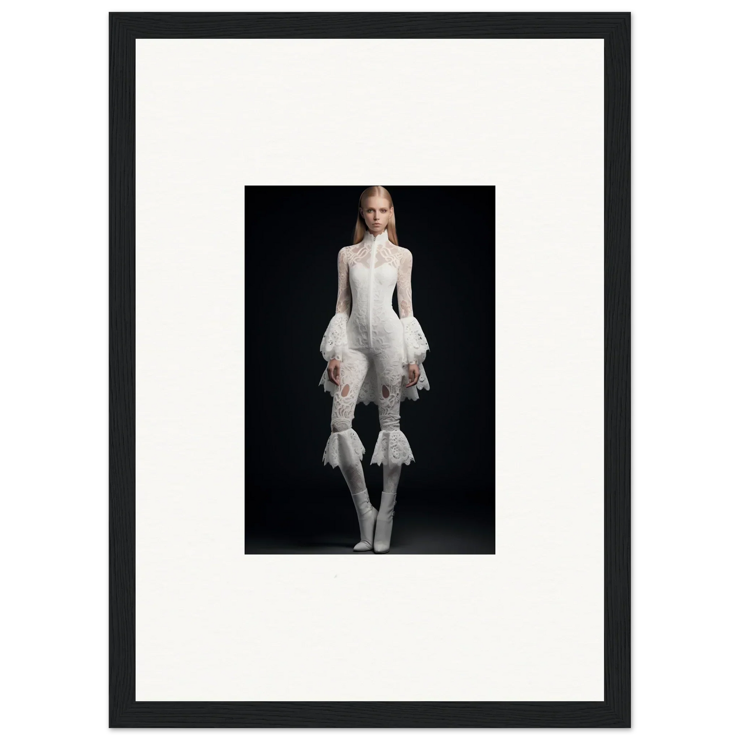 Framed wall art of a person in avant-garde white outfit for stylish room decor