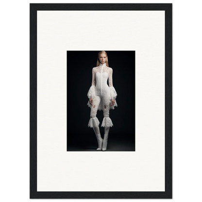 Framed wall art of a person in avant-garde white outfit for stylish room decor