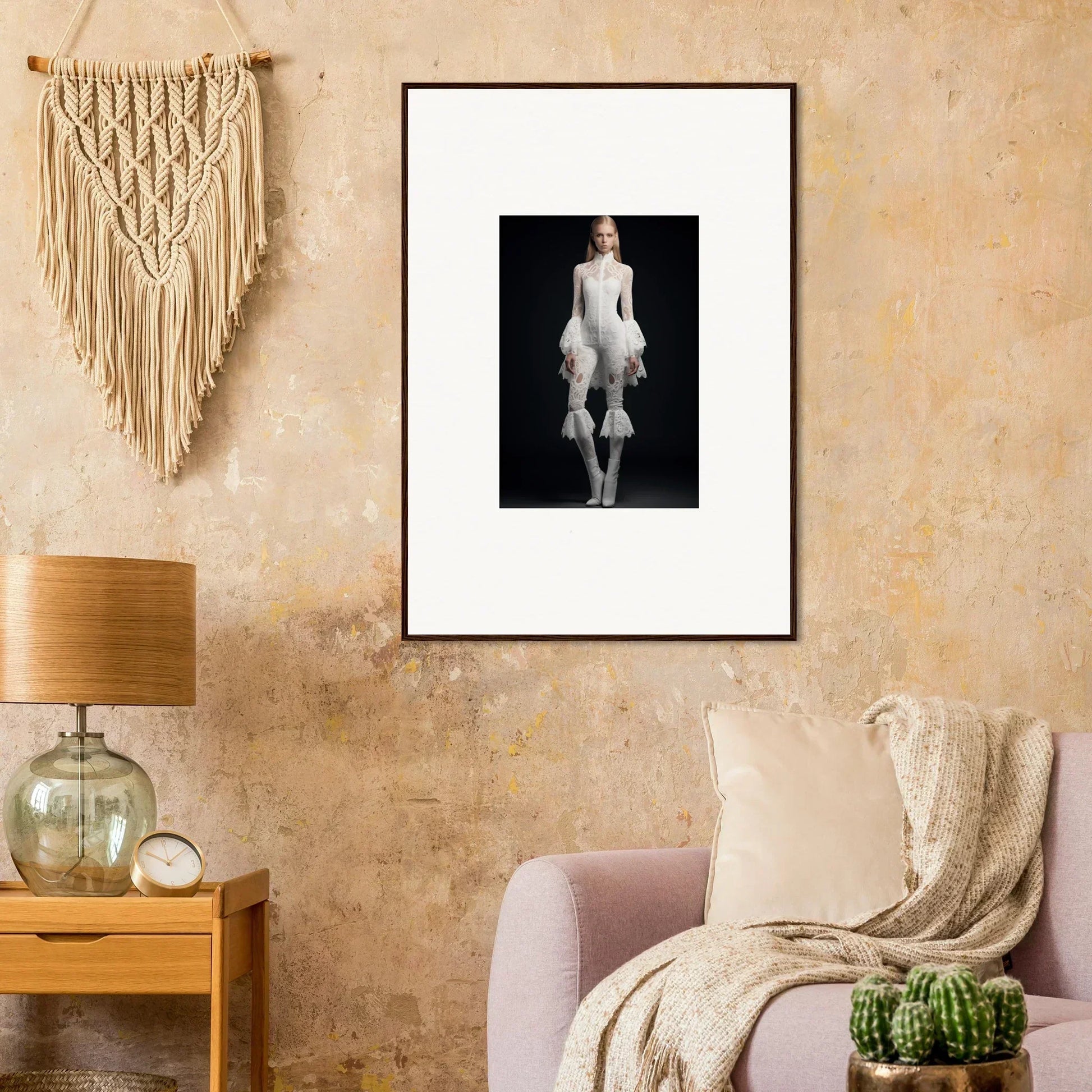 Framed black and white wall art of a person in white, perfect for room decor