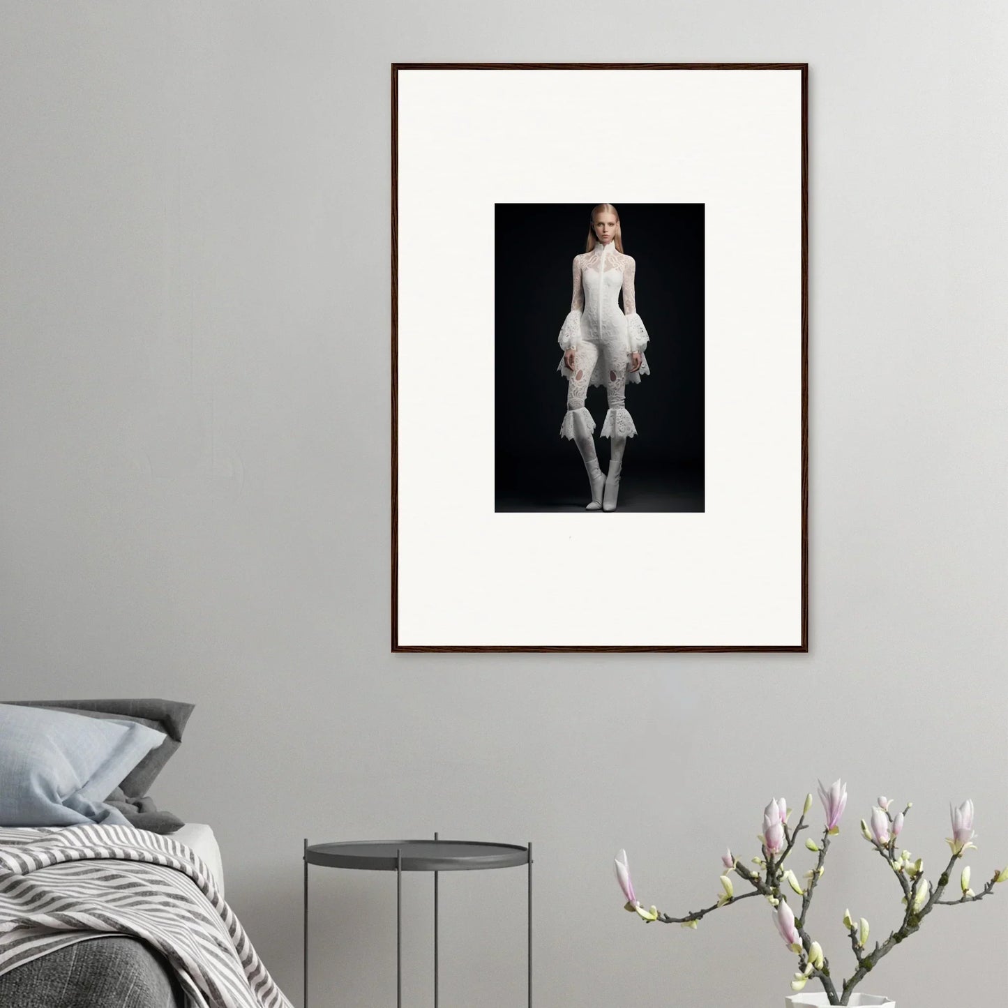 Framed wall art of a person in avant-garde outfit ideal for modern room decor