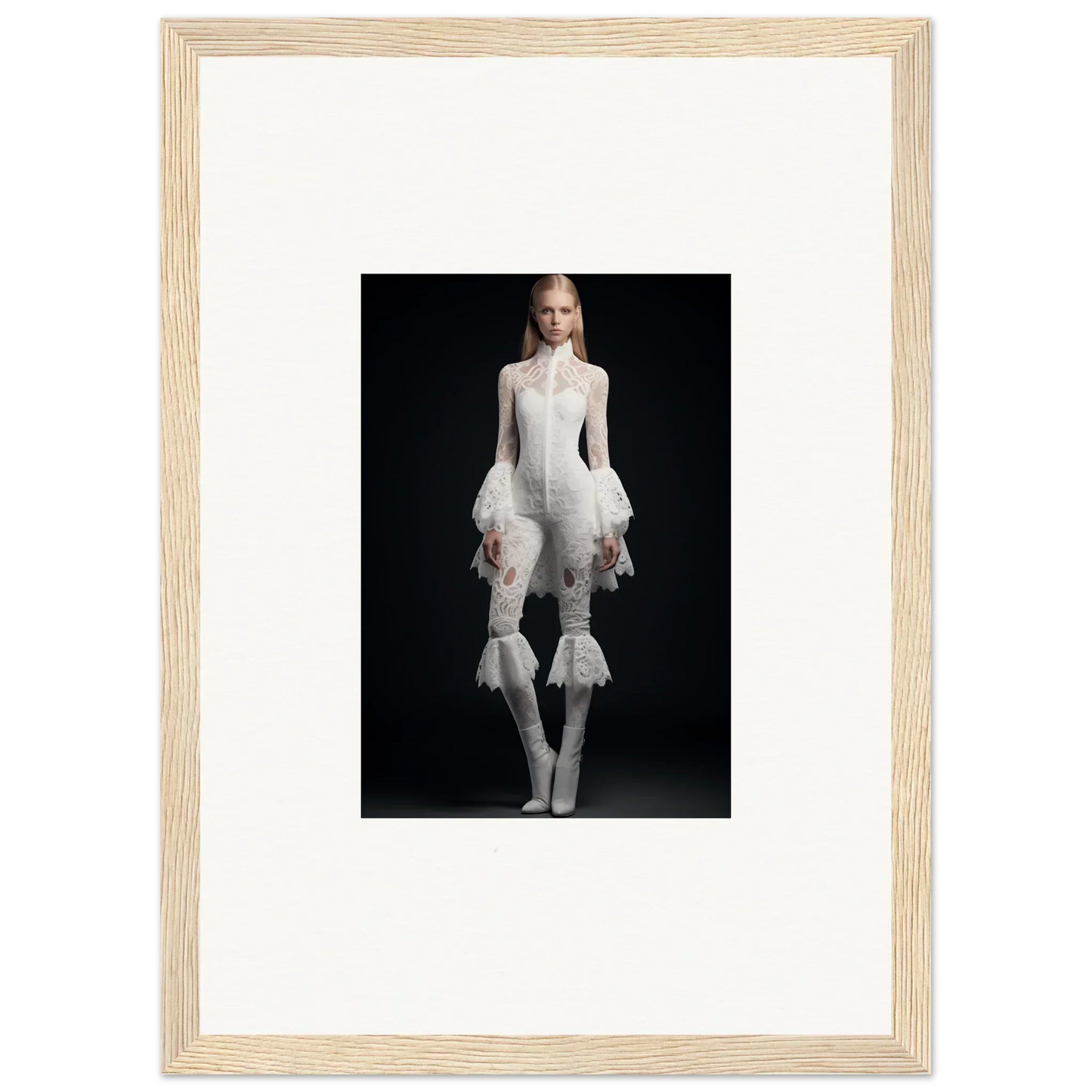 Framed wall art of a person in an avant-garde white outfit for stylish room decor