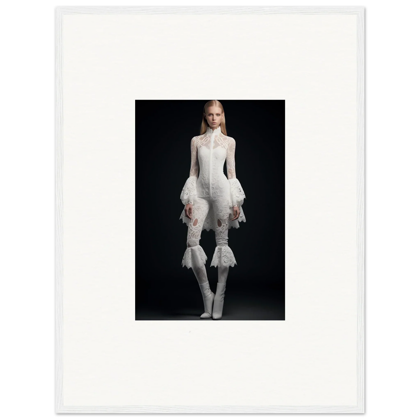 Woman in avant-garde white outfit with ruffled sleeves, perfect for framed wall art